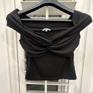 Reformation Ezlynn Black Off Shoulder Twist Front Ruched Knit Top Size XS